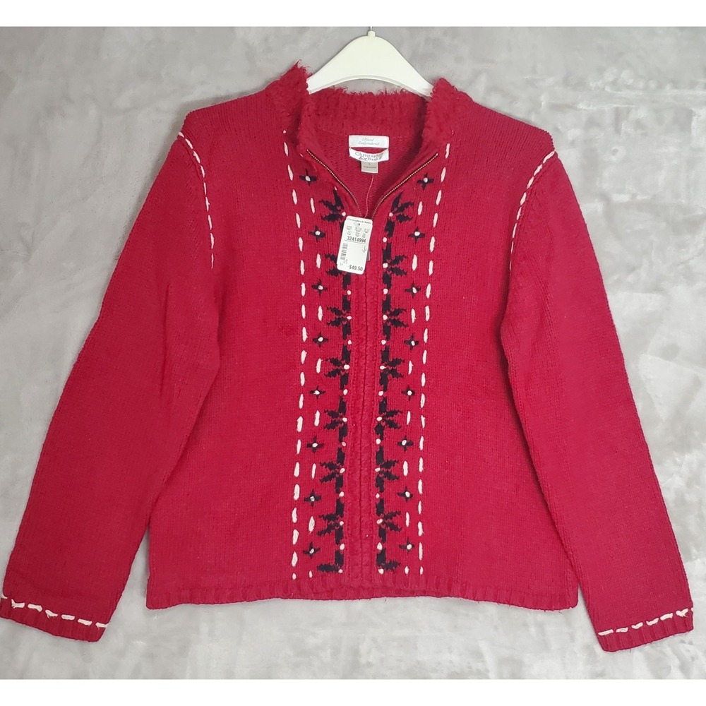 Christopher & Banks Cardigan Size L Red Hand Embroidered Silk Blend Full Zip NWT